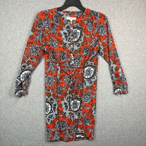 Loft Dress Women's‎ L Red Paisley Bodycon Ruched long Sleeve Boho Retro Artsy